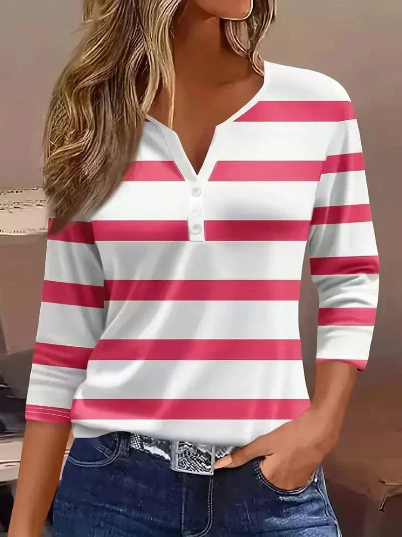 Elegant women's striped short sleeve V-neck blouse, a must-have for everyday spring fashion.