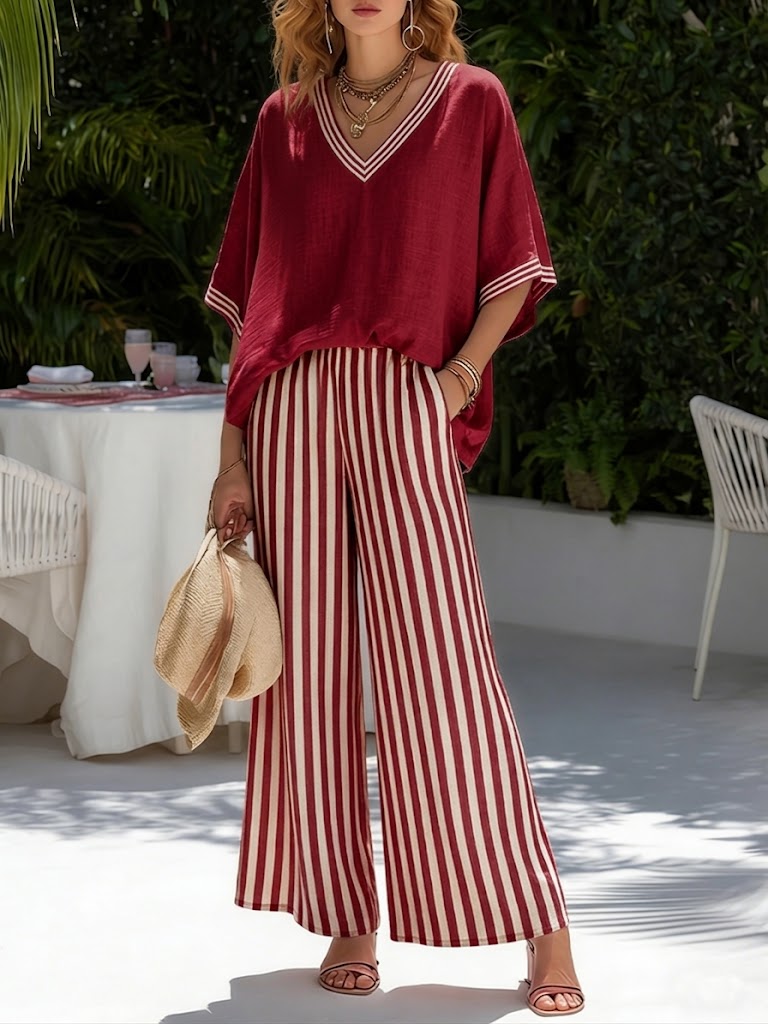 Women's striped V-neck wide leg pants matching set, perfect for casual wear or a summer vacation outfit.