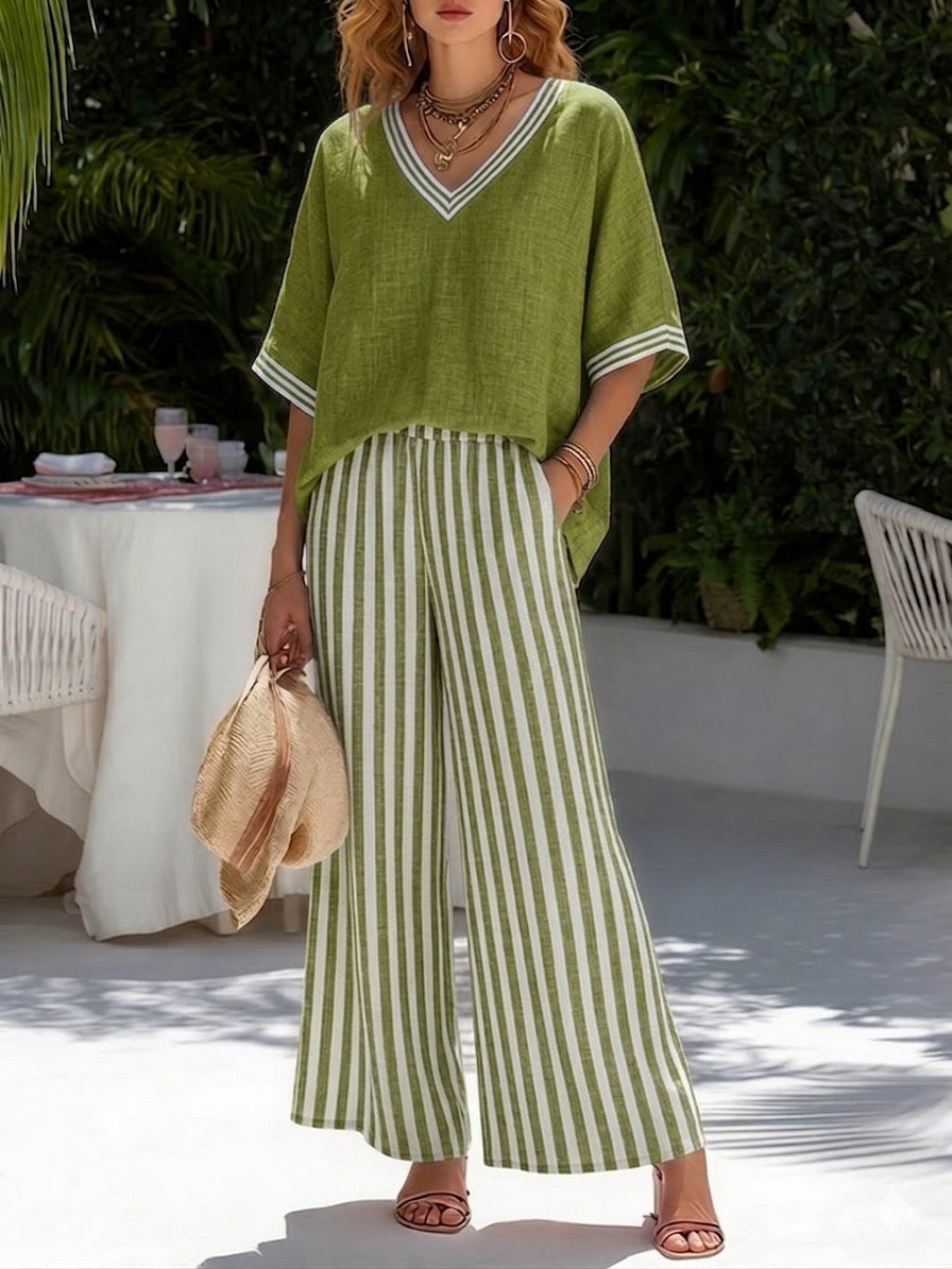 Elegant striped V-neck top paired with comfortable wide leg pants, a women's two-piece set for summer style.