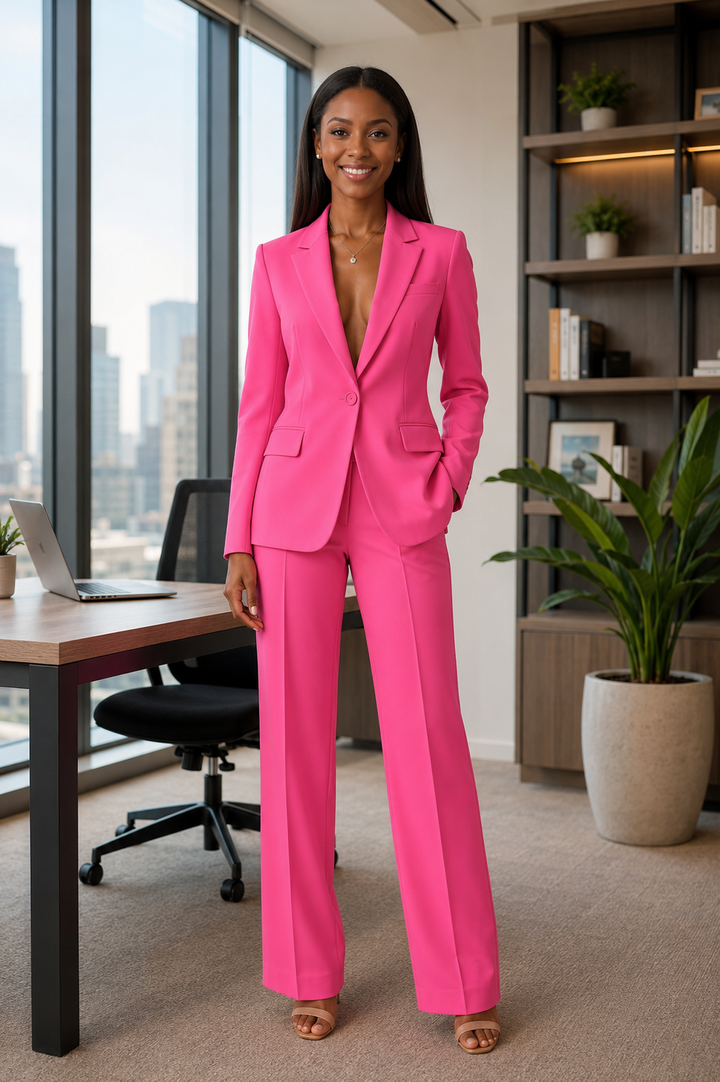 Women's structured blazer and trousers set in a professional style, perfect for business attire.