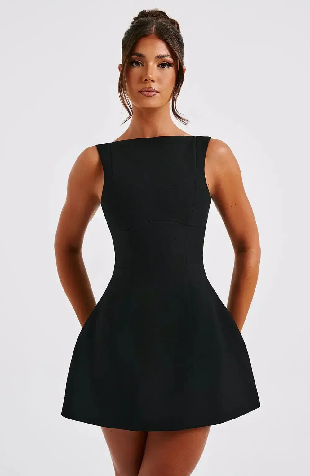 Women's structured boat neck fit & flare mini dress for elegant party, cocktail, or date night.