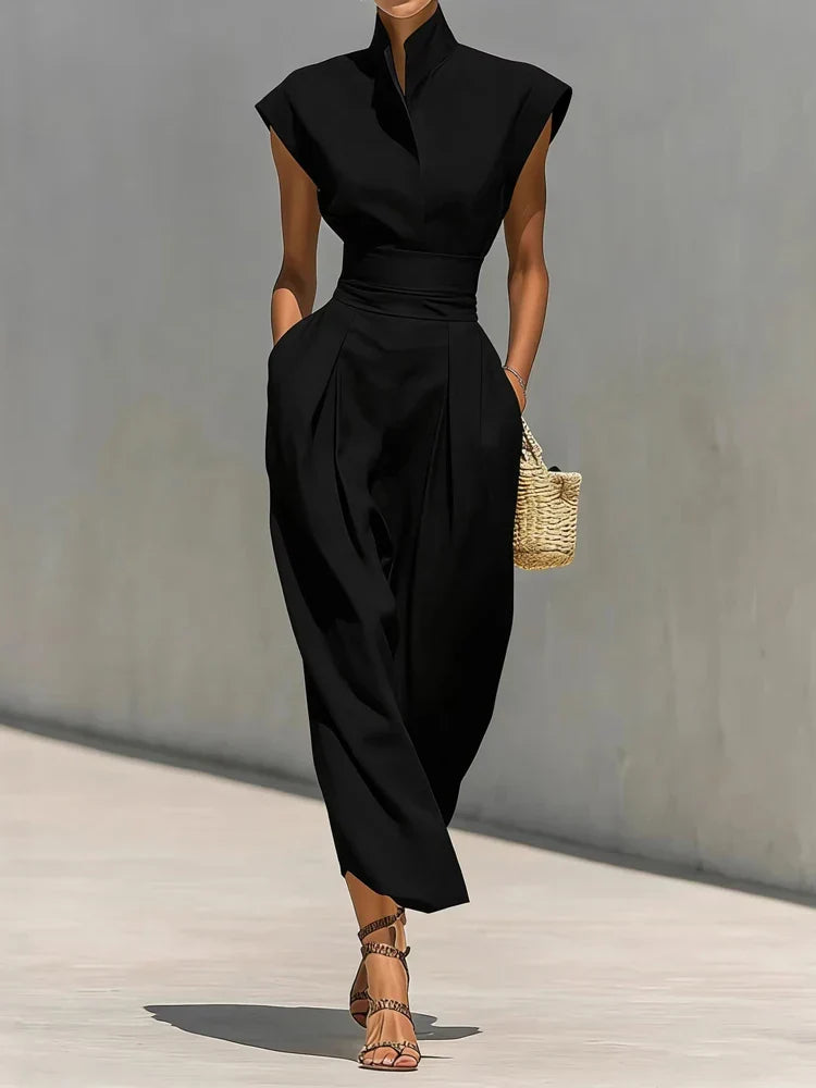 Elegant women's structured midi dress, featuring a flattering cinched waist, ideal for office wear in sophisticated grey.