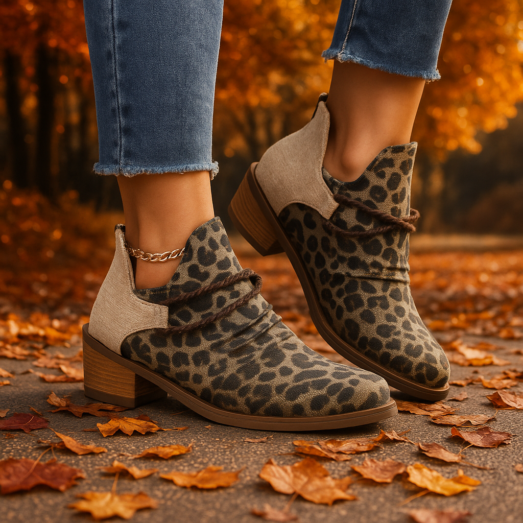 Leopard print women's ankle boots with elegant braided detail. Trendy and comfortable fashion footwear.