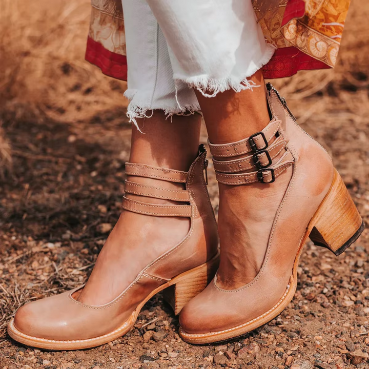 Women's classic block heel pumps, round toe, and elegant ankle strap for versatile wear.