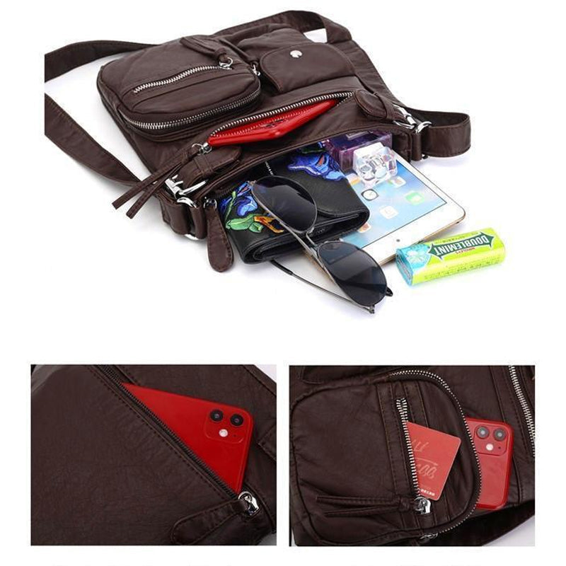 Durable anti-theft women's shoulder bag, shown with zipped pockets and sleek design.