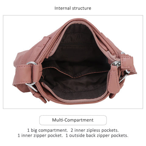 Close-up of the anti-theft zippers on a stylish women's crossbody travel bag.