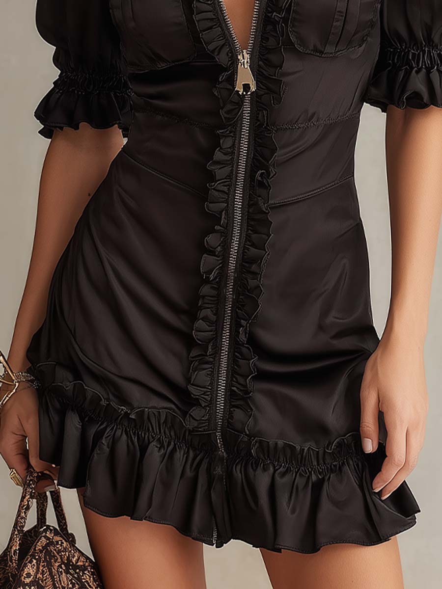 Chic women's black mini party dress with ruffle trim, zip detail, and puff sleeves for a fashionable night out.