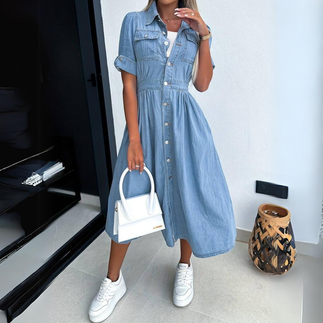 Women's stylish button-up midi dress with short sleeves, perfect for spring fashion & daily wear.
