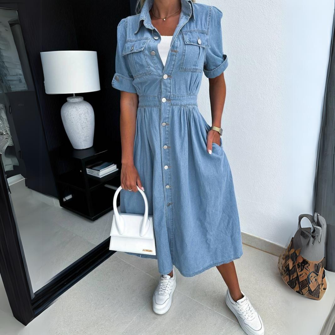 Elegant women's short sleeve button-up midi dress, ideal for casual summer outings & classic style.