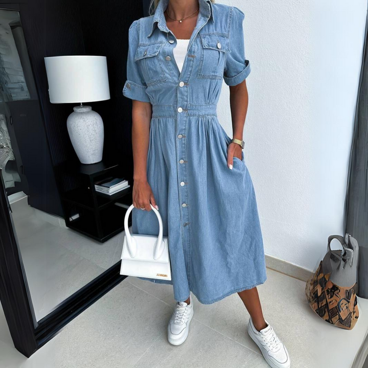 Elegant women's short sleeve button-up midi dress, ideal for casual summer outings & classic style.