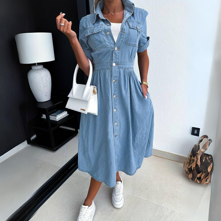 Classic women's button-up short sleeve midi dress, versatile for spring, summer, & daily elegant wear.