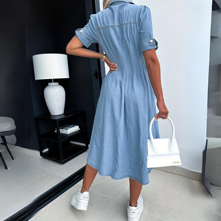 Chic women's short sleeve button-up midi dress. A comfortable & stylish choice for spring & summer fashion.