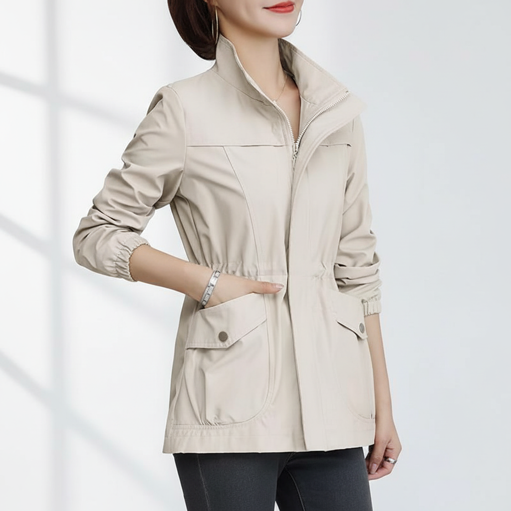Ladies' lightweight transitional jacket with stand collar. Perfect for versatile spring/autumn casual wear.