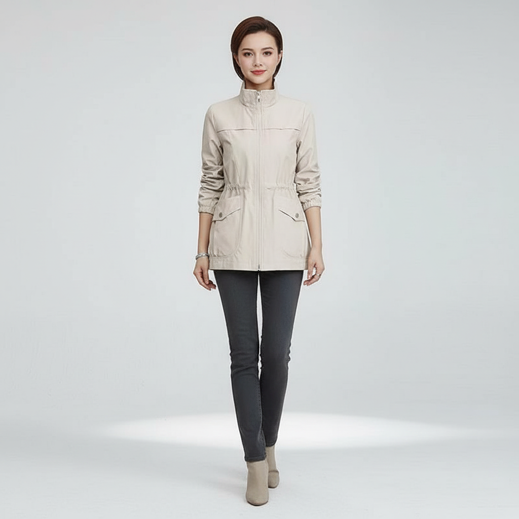 Elegant women's lightweight transitional jacket for daily wear. Features a stylish stand collar.