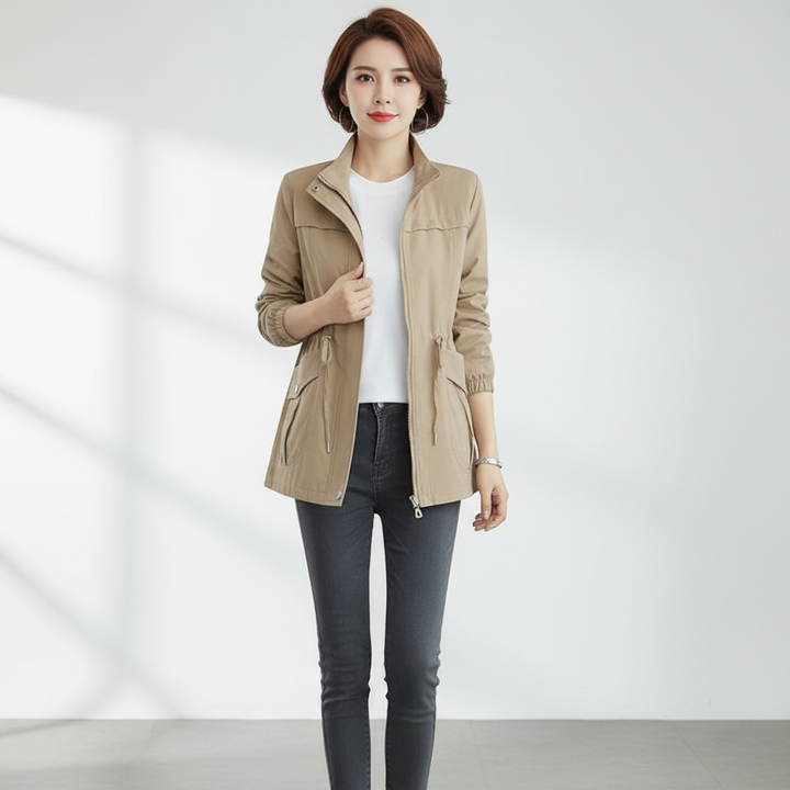 Women's lightweight transitional jacket with a chic stand collar. Great for spring layering & autumn style.