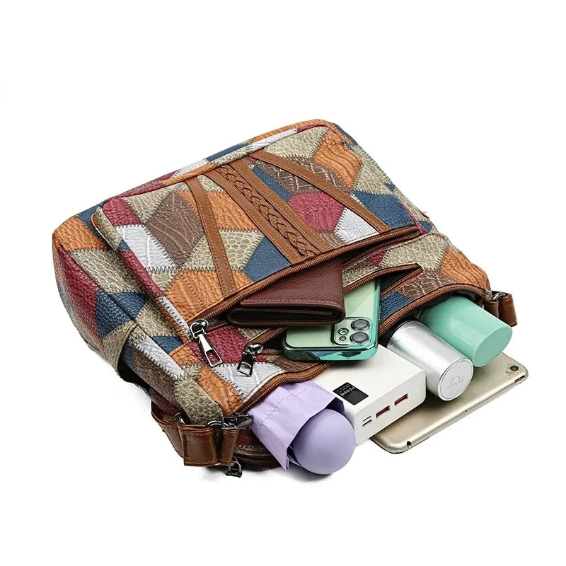 Trendy geometric patchwork women's shoulder bag, made from high-quality vegan leather.