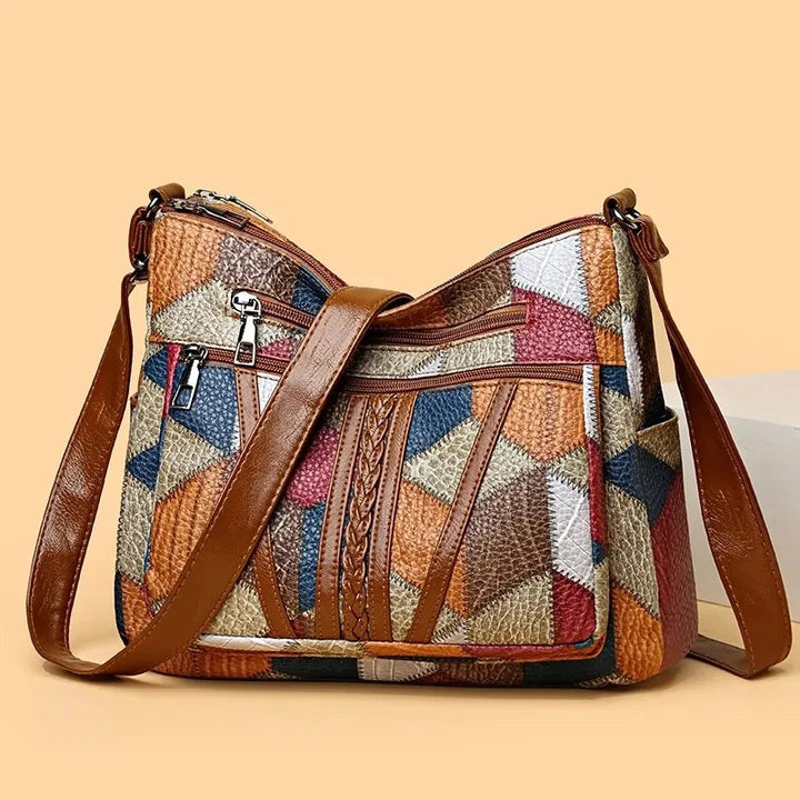 Vegan leather geometric patchwork shoulder bag for women. Trendy & spacious purse.