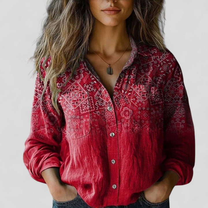 Modern women's gradient long-sleeve button-up shirt, a comfortable casual top for everyday wear.