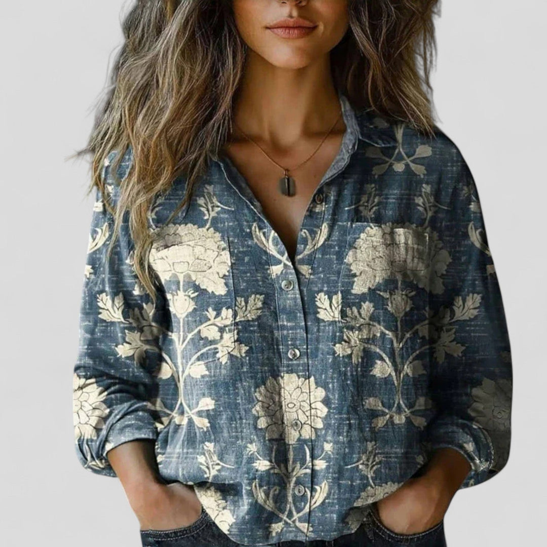 Chic women's button-up blouse with gradient design. Versatile long-sleeve shirt for casual to stylish looks.