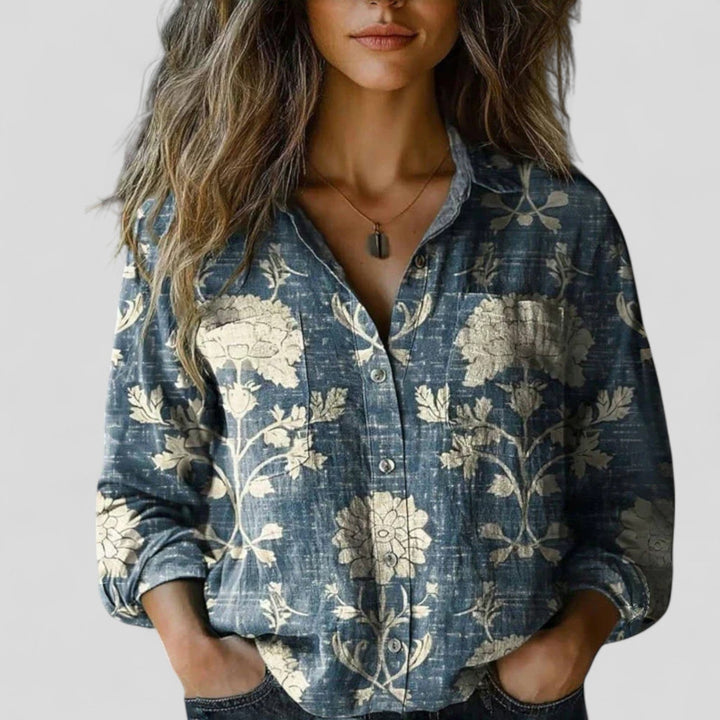 Chic women's button-up blouse with gradient design. Versatile long-sleeve shirt for casual to stylish looks.