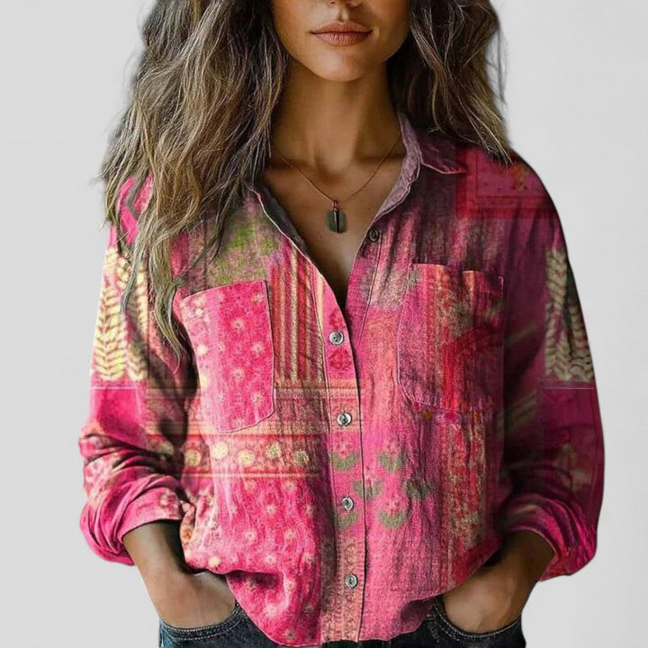 Stylish women's gradient button-up shirt. Long-sleeve casual blouse for comfortable, modern fashion wear.