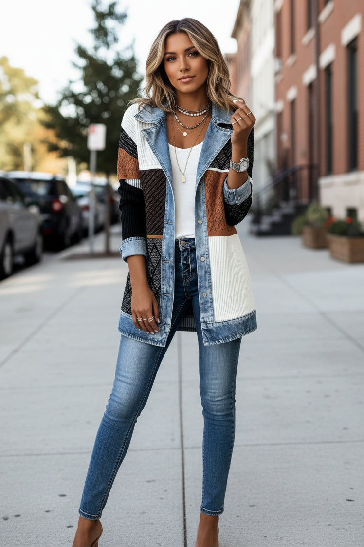 Transitional women's hybrid jacket with stylish denim details. Ideal layering piece for spring/fall fashion.
