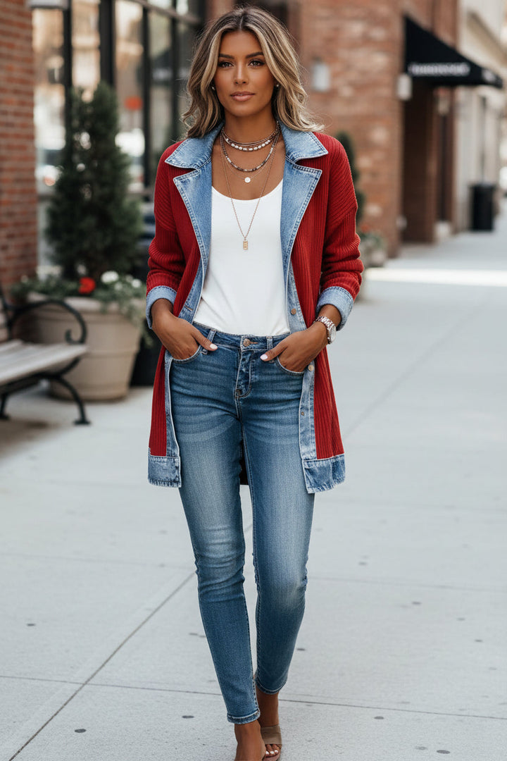 Chic women's hybrid jacket featuring trendy denim accents. Modern everyday casual style & women's fashion.