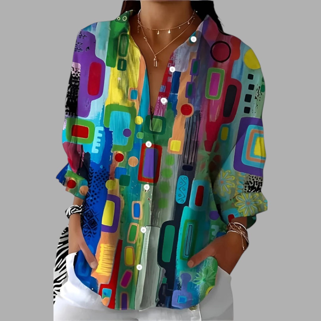 Women's stylish long-sleeve printed shirt. Comfortable multicolor casual top for everyday fashion and versatile wear.