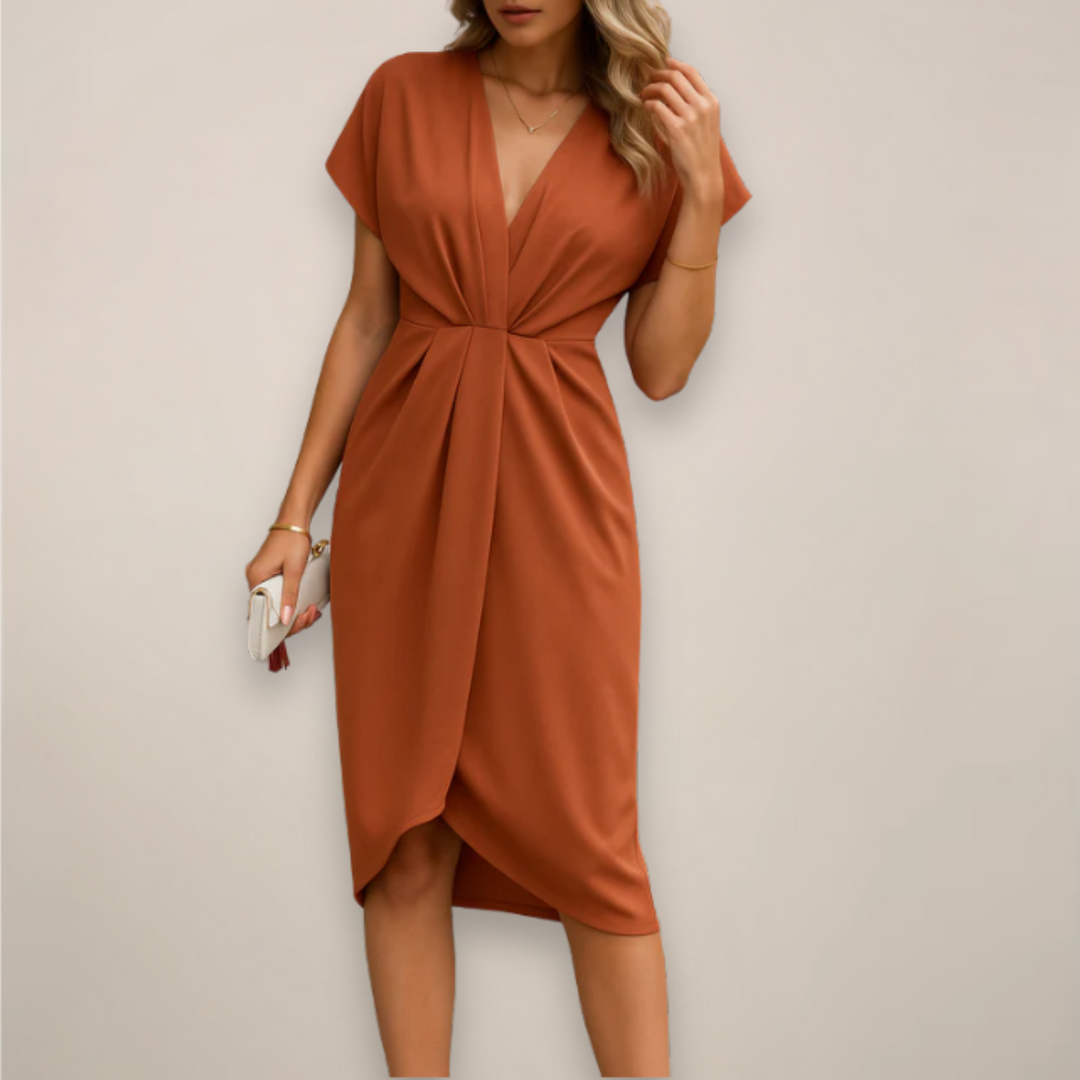 Chic women's midi wrap dress, elegant silhouette. Perfect versatile dress for various occasions, day to night.