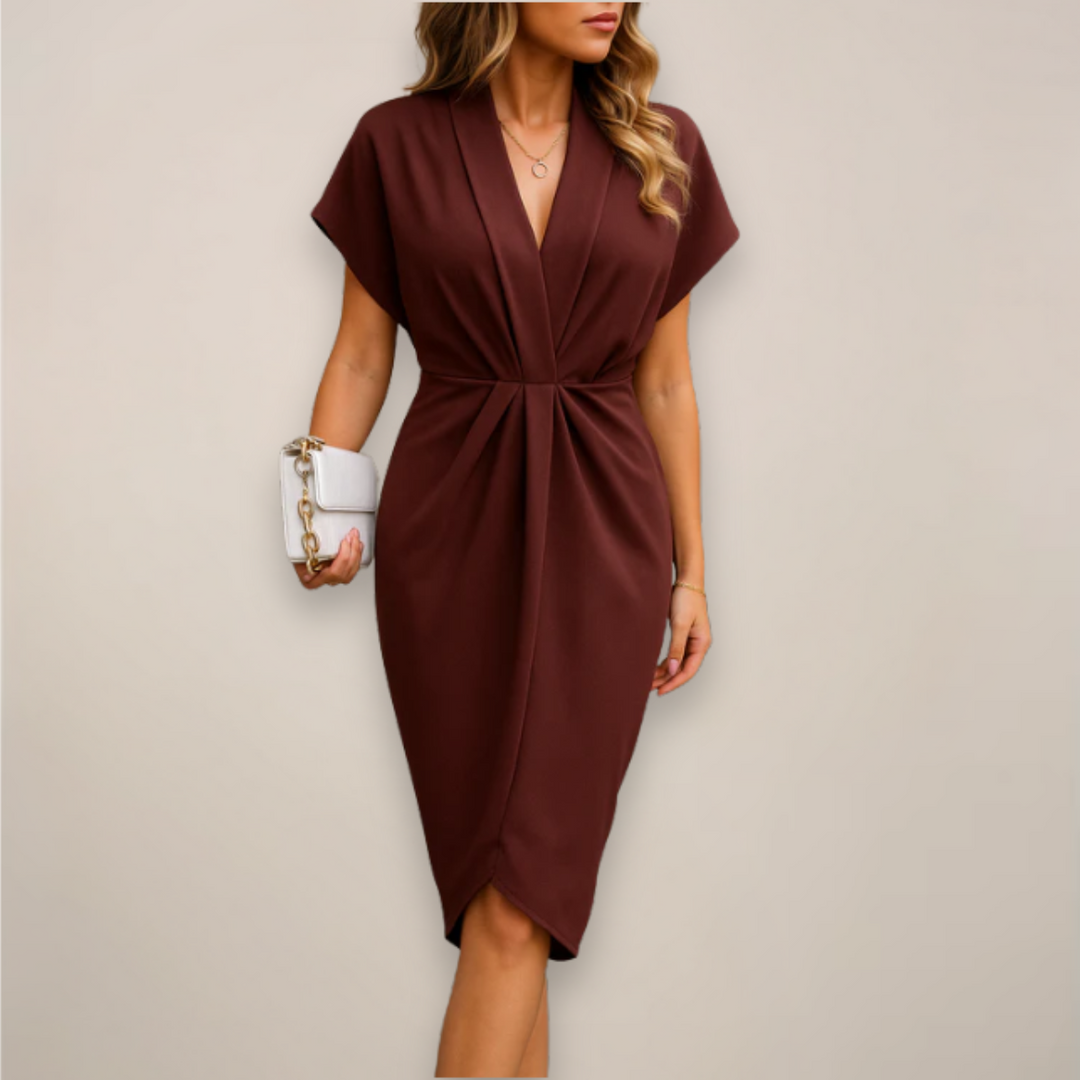 Stylish women's day-to-night midi wrap dress. Flowy fabric and chic design for elegant, comfortable versatility.