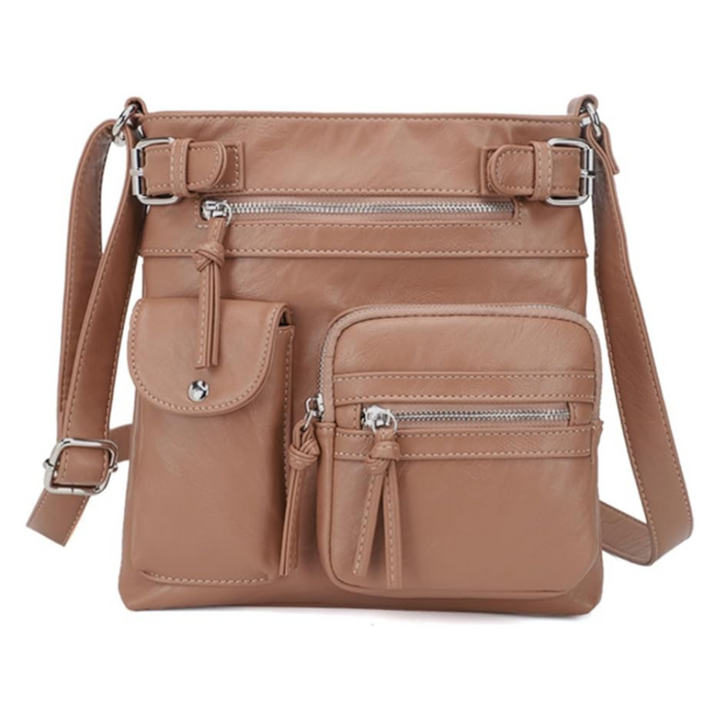 Red women's elegant crossbody bag, multi-pocket and organized, a versatile fashion accessory.