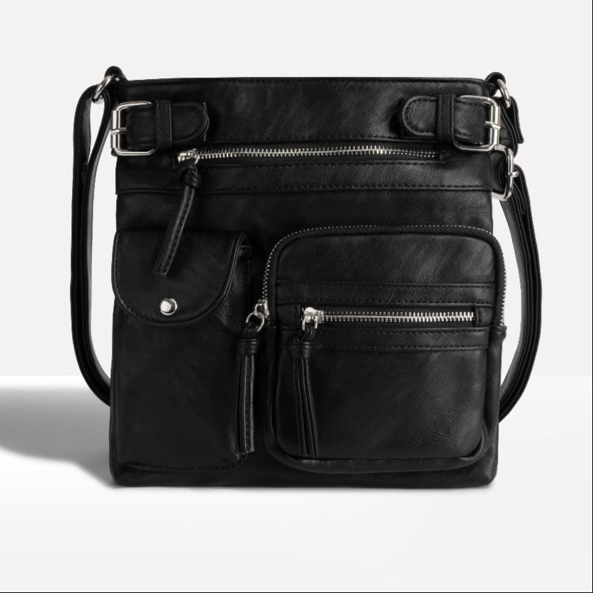 Compact grey women's handbag, multi-pocket crossbody with organized compartments for daily use.