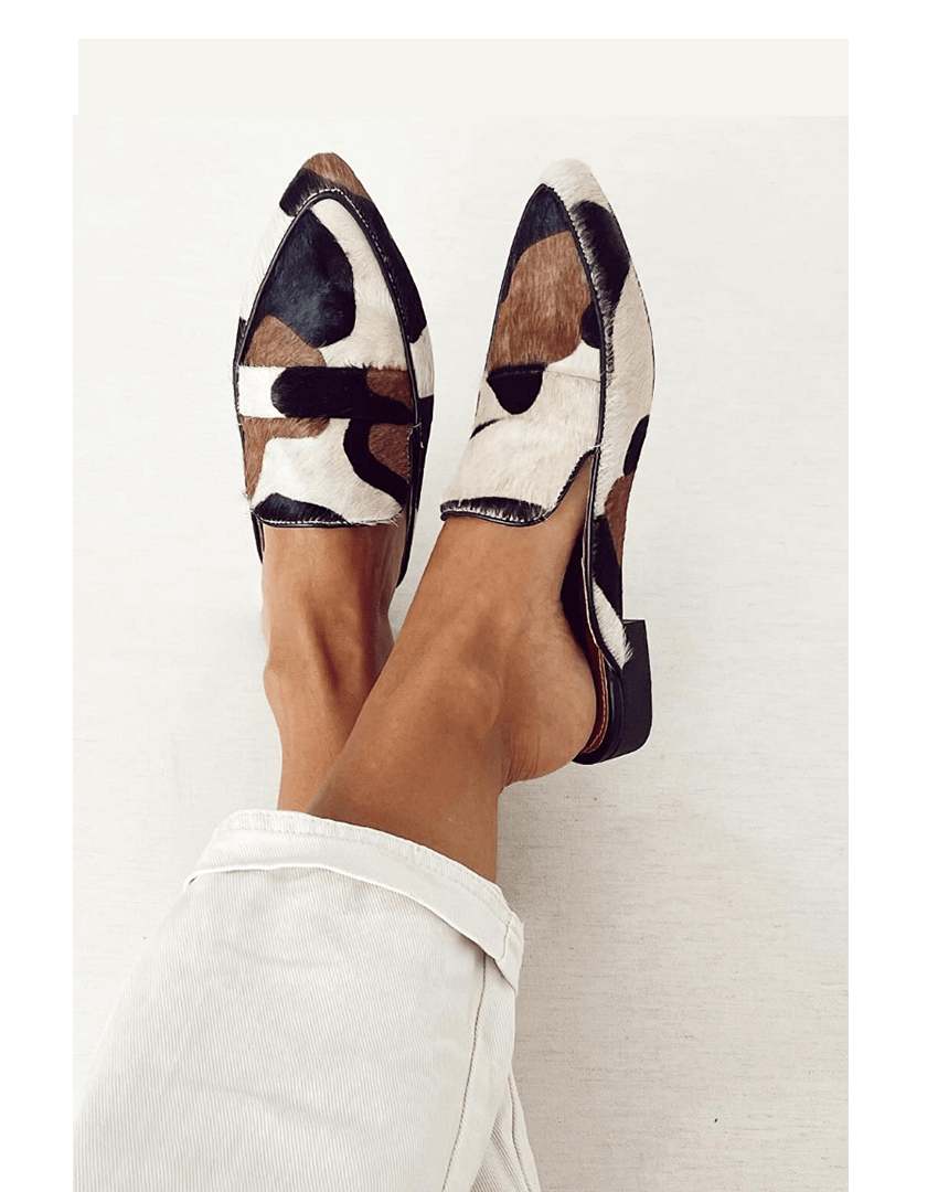 Women's stylish pointed toe orthopedic loafers with arch support, low heel, and animal print for comfort & work.