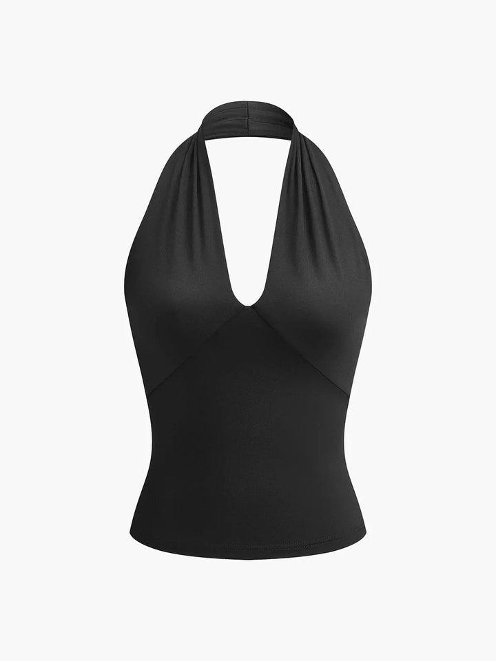 Elegant women's sleeveless halter top featuring a unique crossover V-neck design. Slim fit, great for fashion.