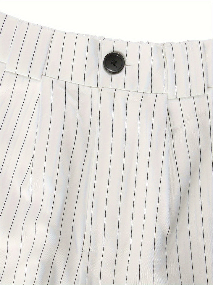 Women's casual chic striped two-piece outfit featuring a stylish blazer and comfortable shorts. Perfect for summer.