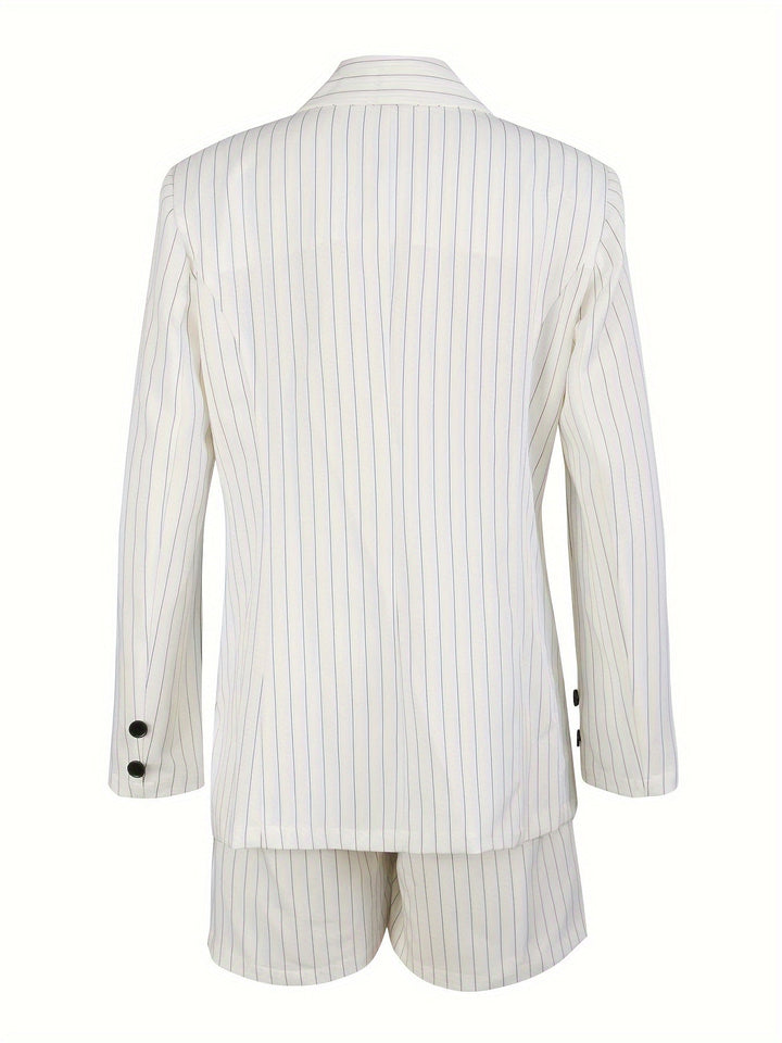 Stylish women's striped blazer shorts set. A lightweight, modern two-piece summer fashion outfit for casual chic.