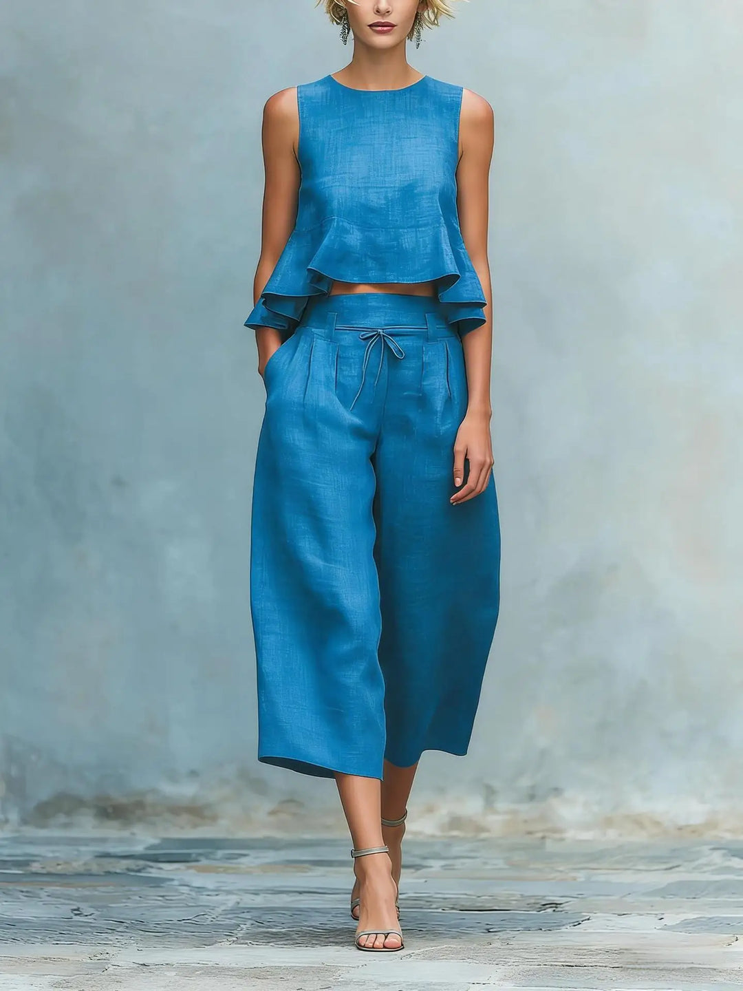Sleeveless crop top & high-waist wide-leg pants set for women. Stylish two-piece summer fashion outfit.