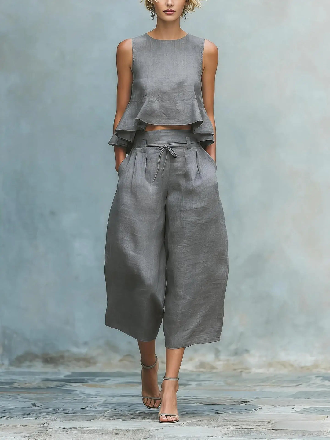 Modern women's matching crop top and wide-leg pant set, a chic and comfortable two-piece outfit for summer.