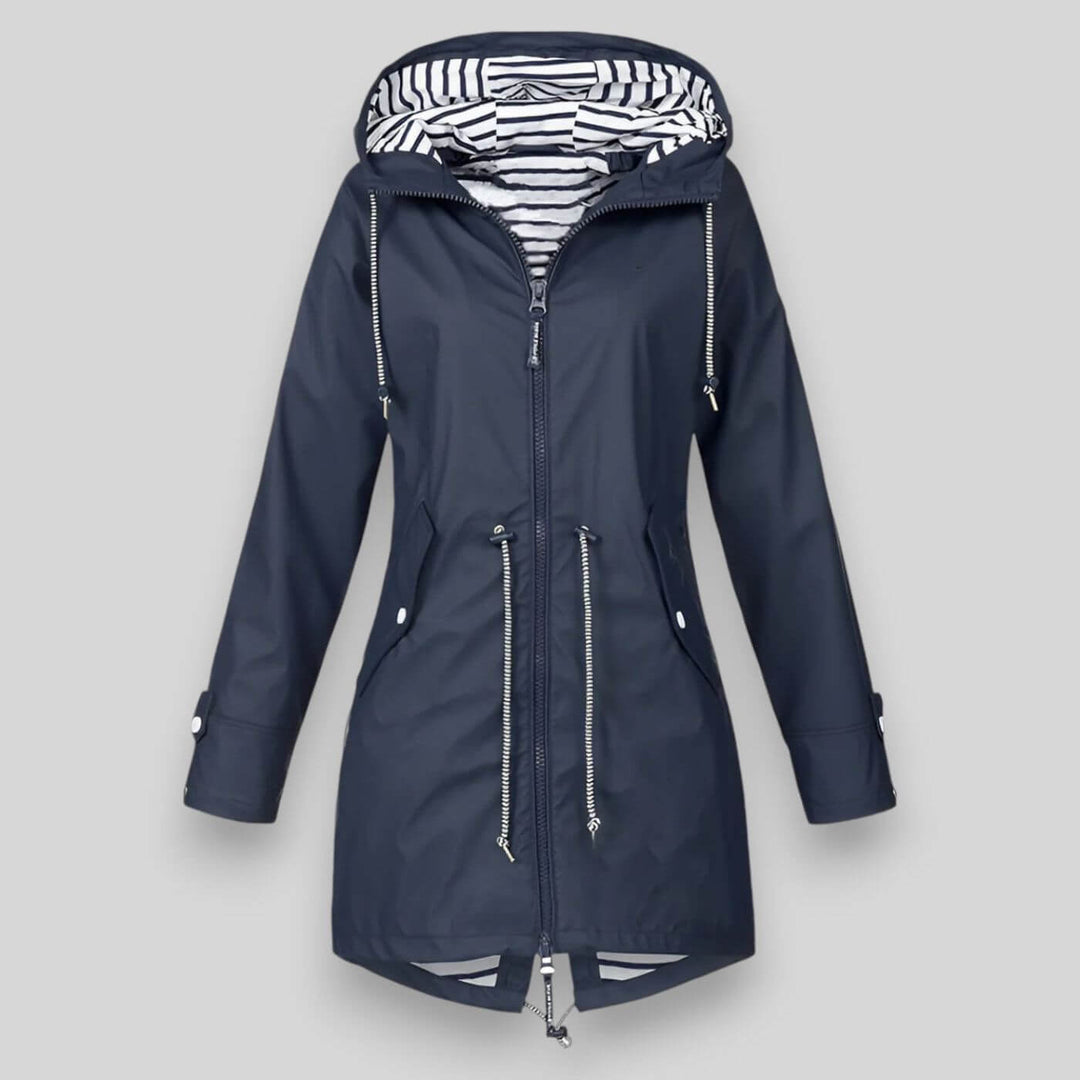 Women's stylish waterproof rain jacket, perfect for weather protection. Lightweight & hooded outerwear.