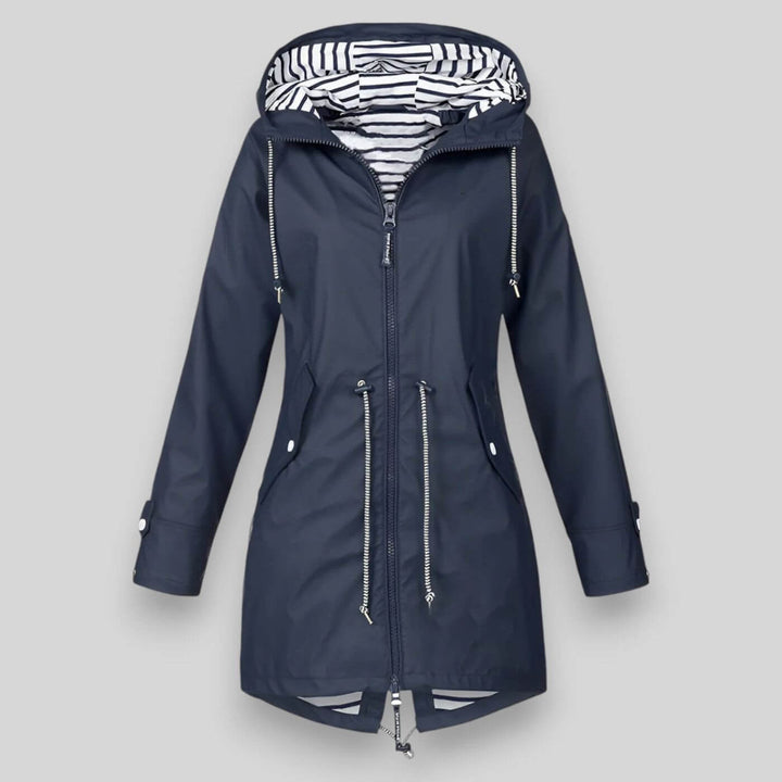 Women's stylish waterproof rain jacket, perfect for weather protection. Lightweight & hooded outerwear.