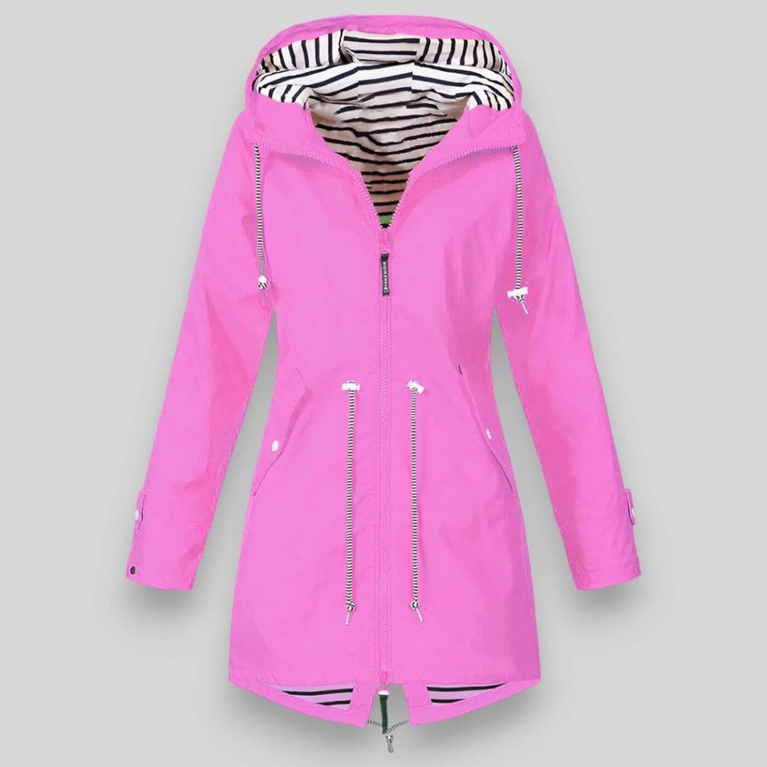 Casual women's waterproof outerwear, a stylish and lightweight travel jacket for all-weather protection.