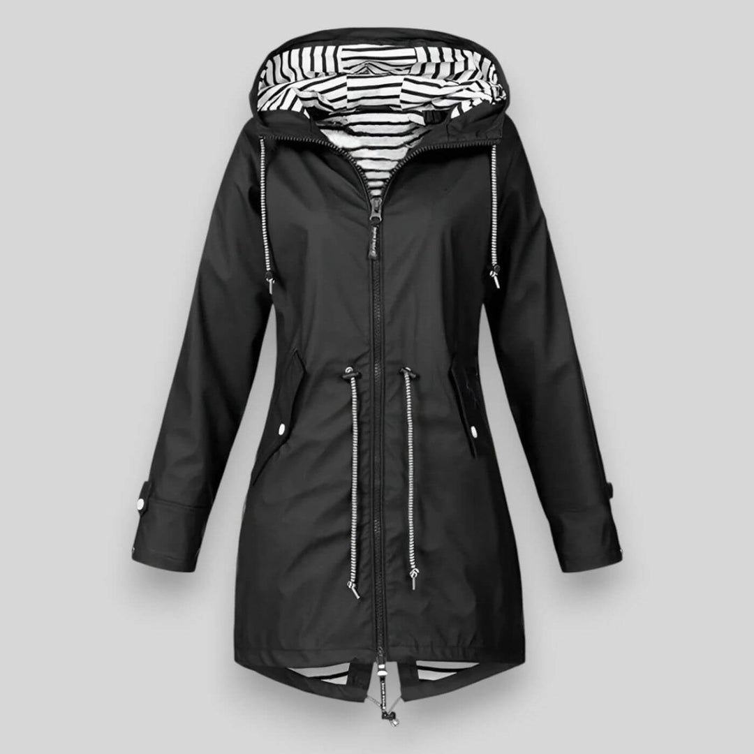 Elegant women's spring fall jacket, waterproof with hood. Stylish outerwear for effective weather protection.