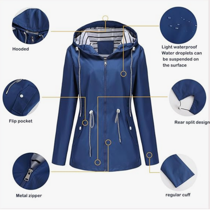 Versatile women's waterproof jacket, a stylish hooded windbreaker for rain, spring, and fall adventures.