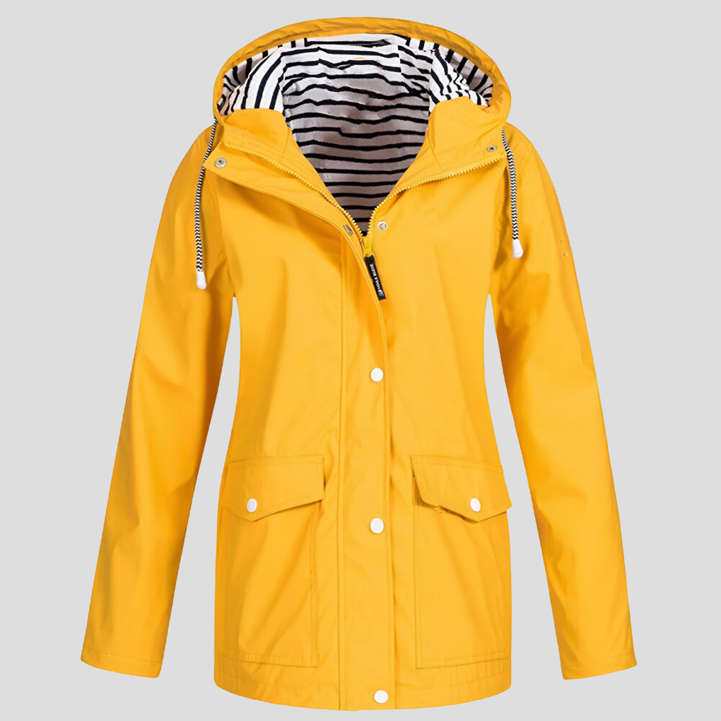 Women's stylish weather-ready hooded jacket with front pockets for outdoor protection. Lightweight & waterproof.