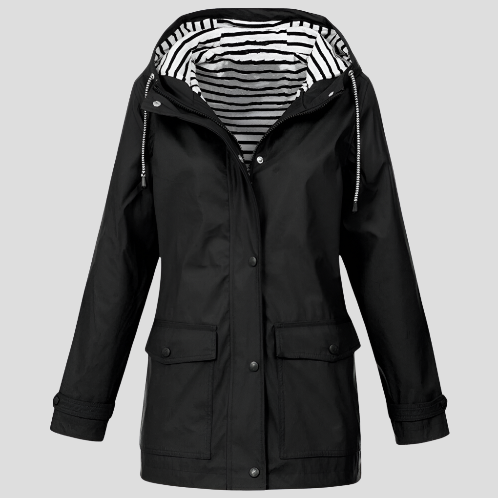 Versatile women's hooded rain jacket, perfect for fall, spring, & everyday wear. Features waterproof design.