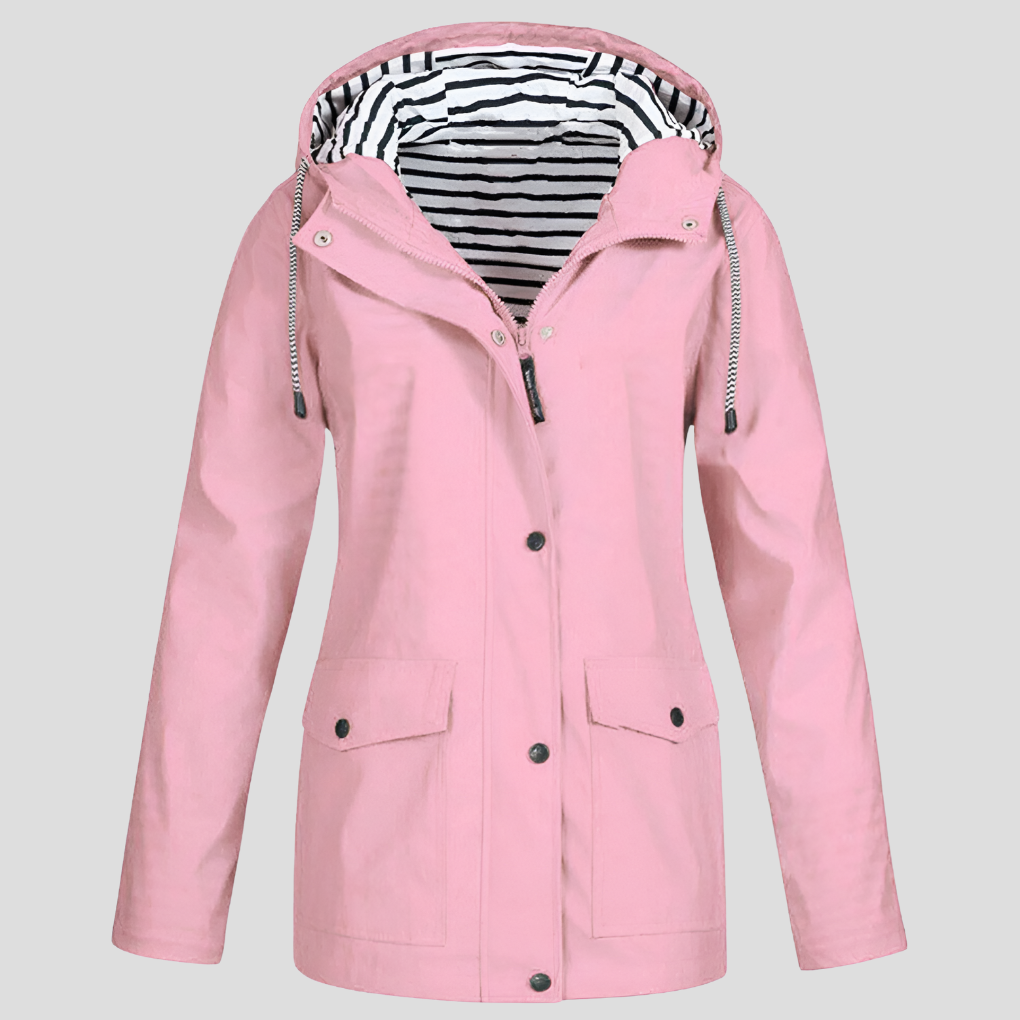 Comfortable women's hooded jacket with front pockets, offering waterproof protection for active outdoor wear.
