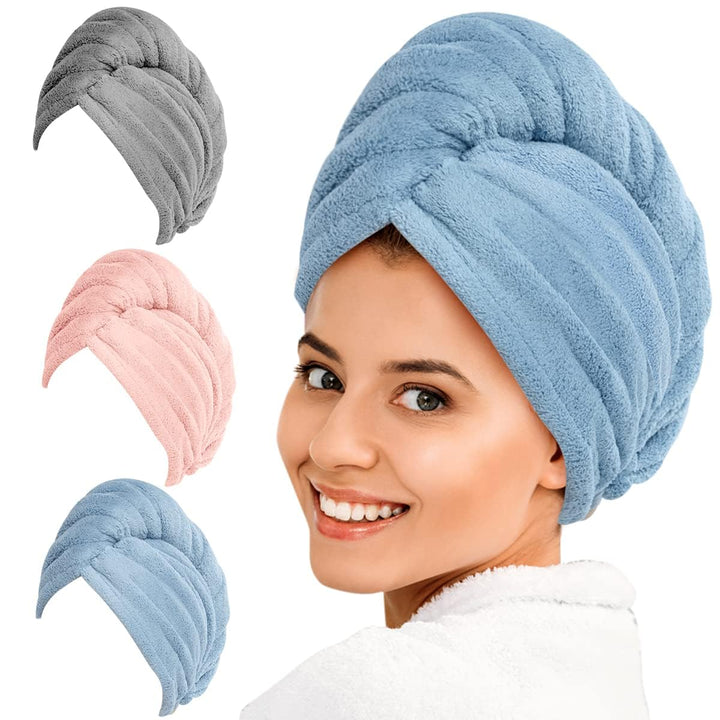 Women's super absorbent microfiber hair towel wrap, fast-drying & anti-frizz, 3-pack for hair care.