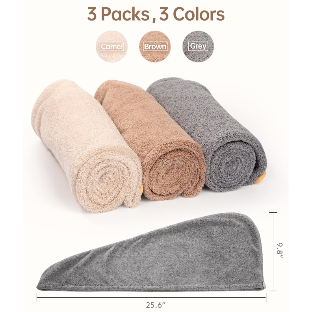 Everyday microfiber hair drying towel wraps (3-pack) for women, absorbent & anti-frizz for all hair types.