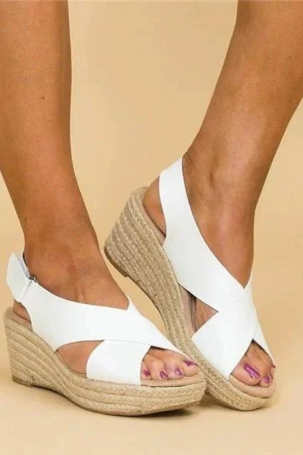 White women's espadrille wedge sandals, lightweight & comfortable for summer, casual, and orthopedic support.