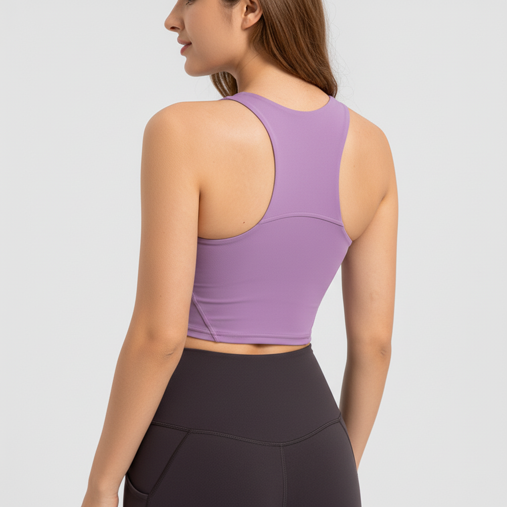 Supportive racerback women's activewear top with removable pads, great for fitness & performance.